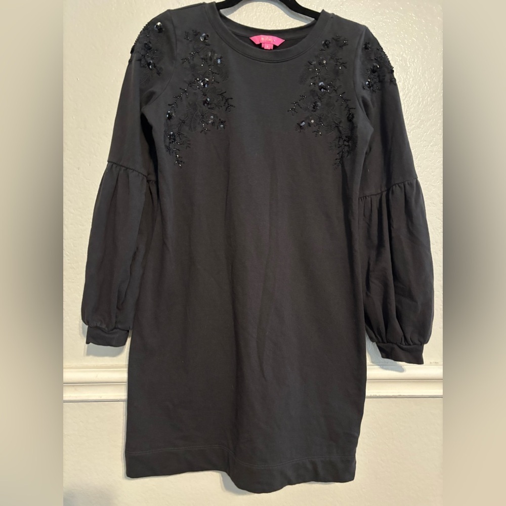 Lilly Pulitzer Embellished Bartlett Sweatshirt Dress Onyx Black Bead Sequin SM - Picture 2 of 7